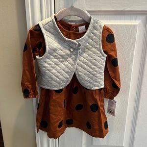18month 2 brown dress  with black polka dots with a grey vest - new with tags -